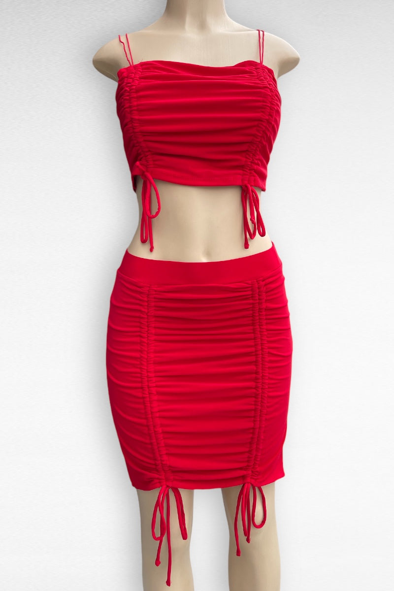 Sleeveless Crop Top & Drawstring Mini Skirts Set- Red