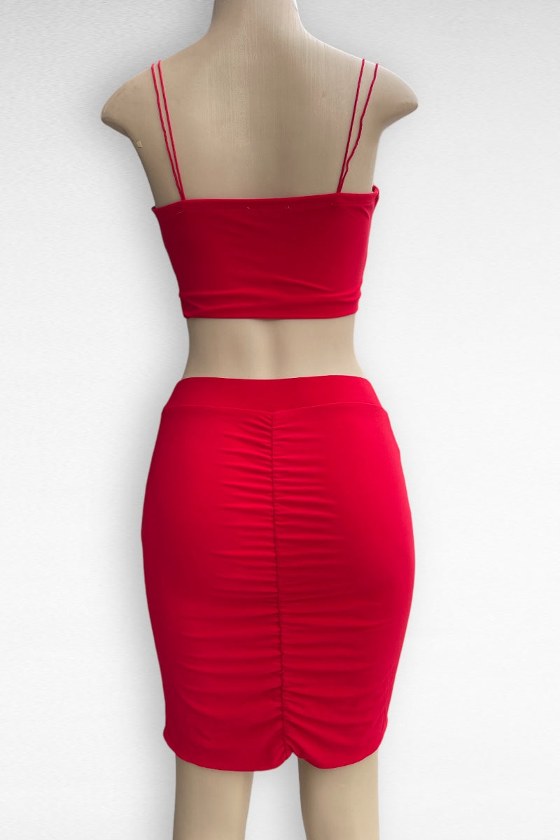 Sleeveless Crop Top & Drawstring Mini Skirts Set- Red