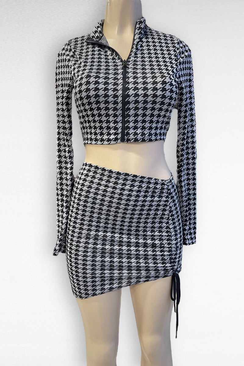 Houndstooth Soft Long Sleeve Top and Skirt Set