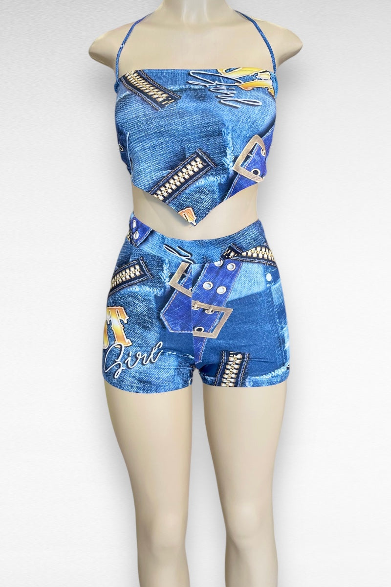 Hot Girl Denim Print Handkerchief Top and Shorts Set