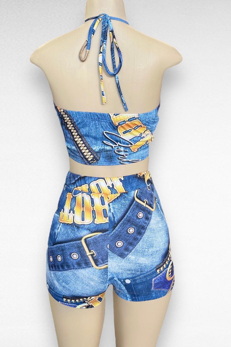 Hot Girl Denim Print Handkerchief Top and Shorts Set