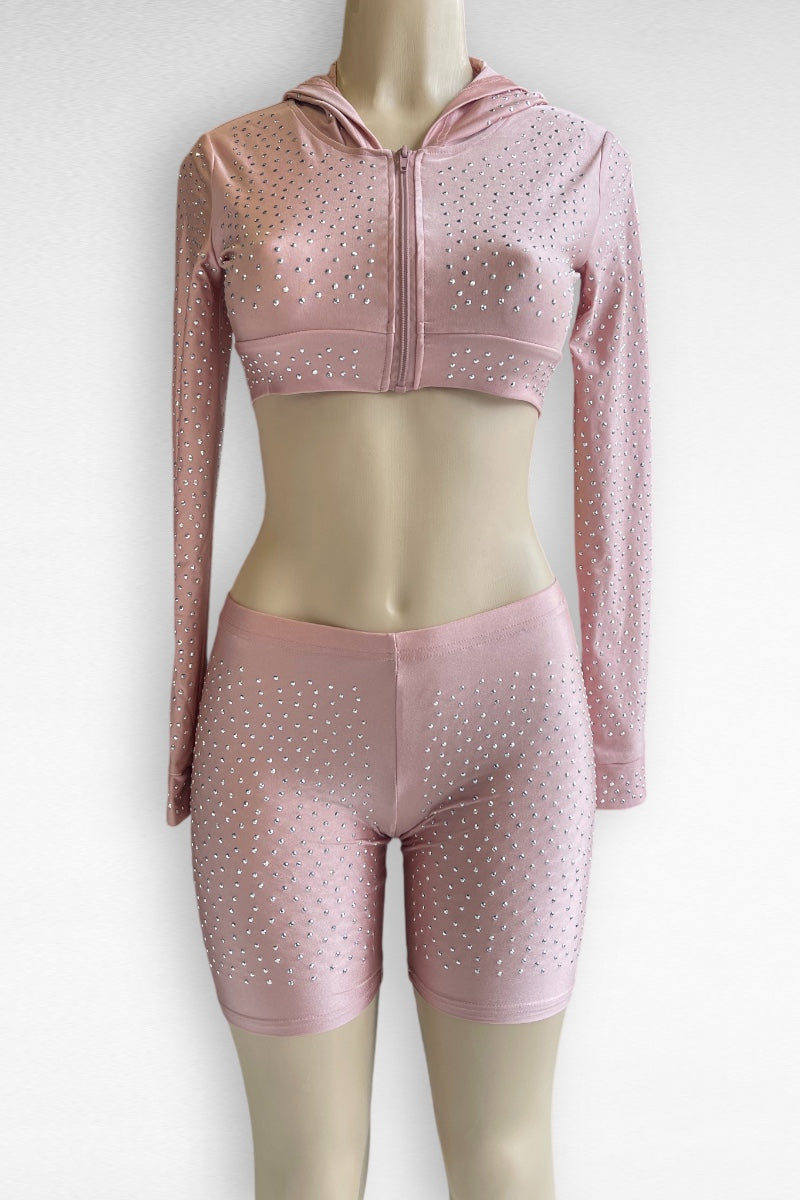 Studded Cropped Hoodie & Shorts Matching Set