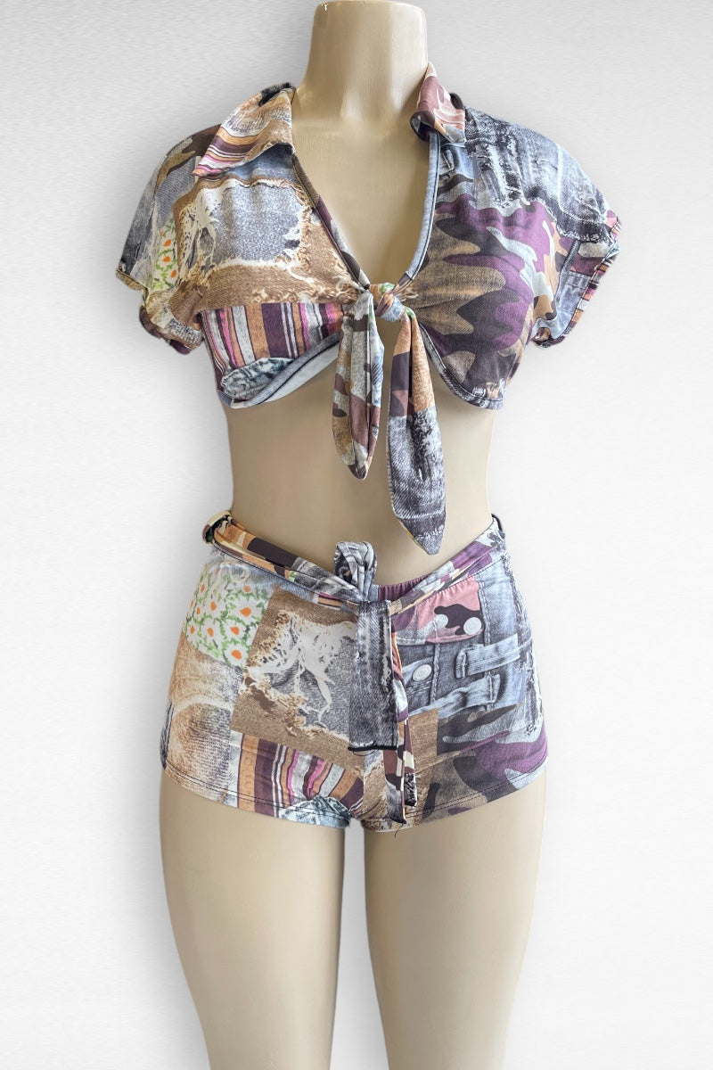 2 Piece Patch Print Top and Shorts Set