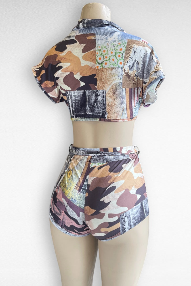 2 Piece Patch Print Top and Shorts Set