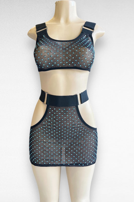 Buckled Rhinestone Glittery Mesh 2 Piece Set