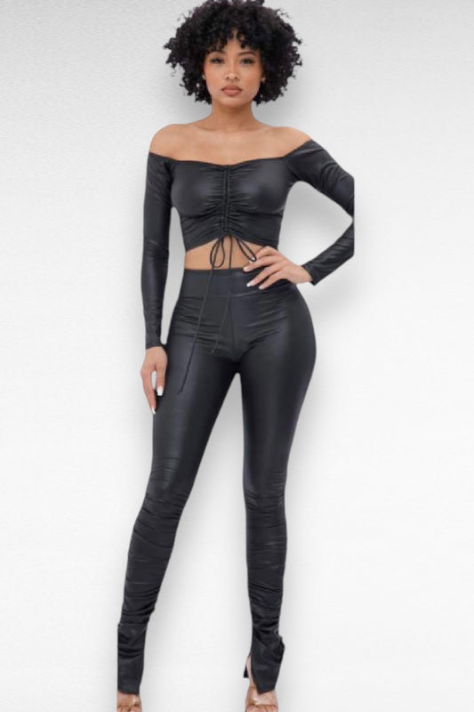 Nat Ruched Faux Leather Top and Pants Set 