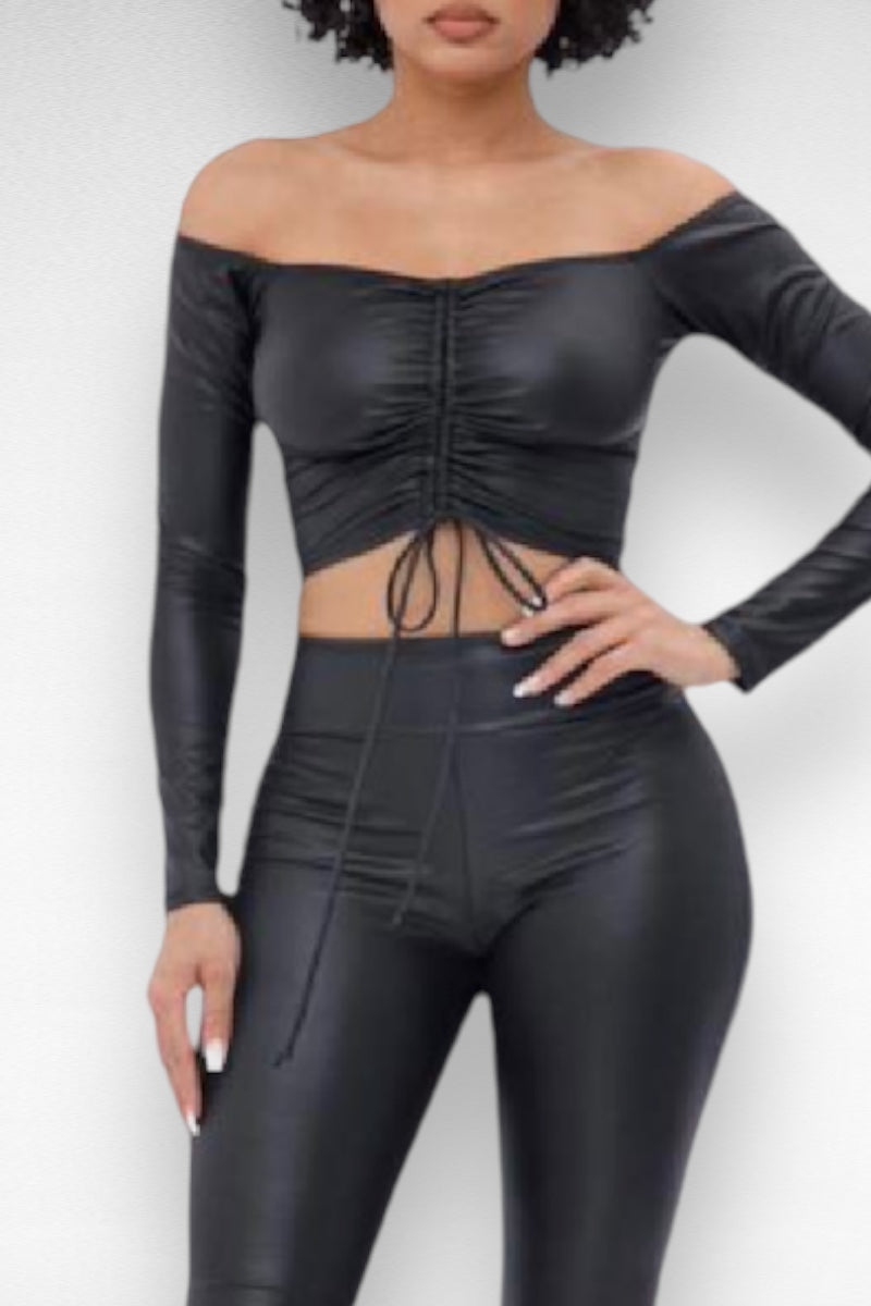 Nat Ruched Faux Leather Top and Pants Set 