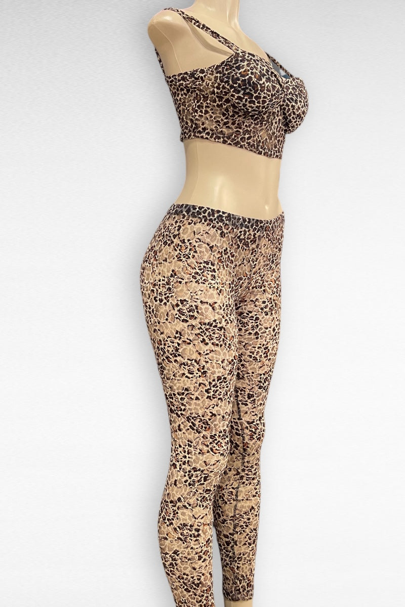 Leopard Lace Mesh Bustier Top with Pants Set