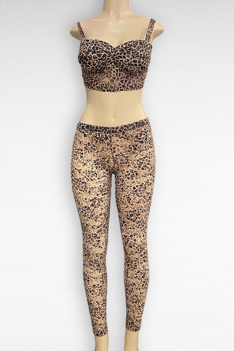 Leopard Lace Mesh Bustier Top with Pants Set