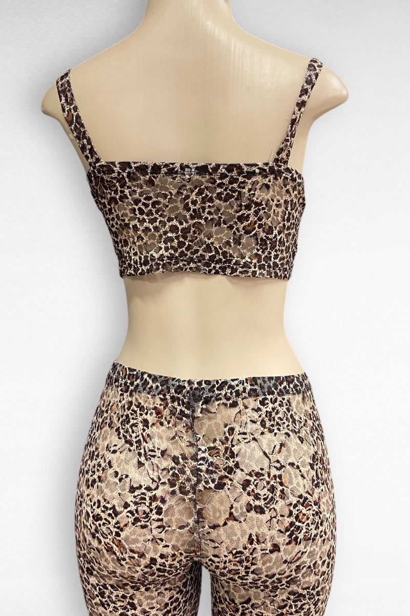 Leopard Lace Mesh Bustier Top with Pants Set