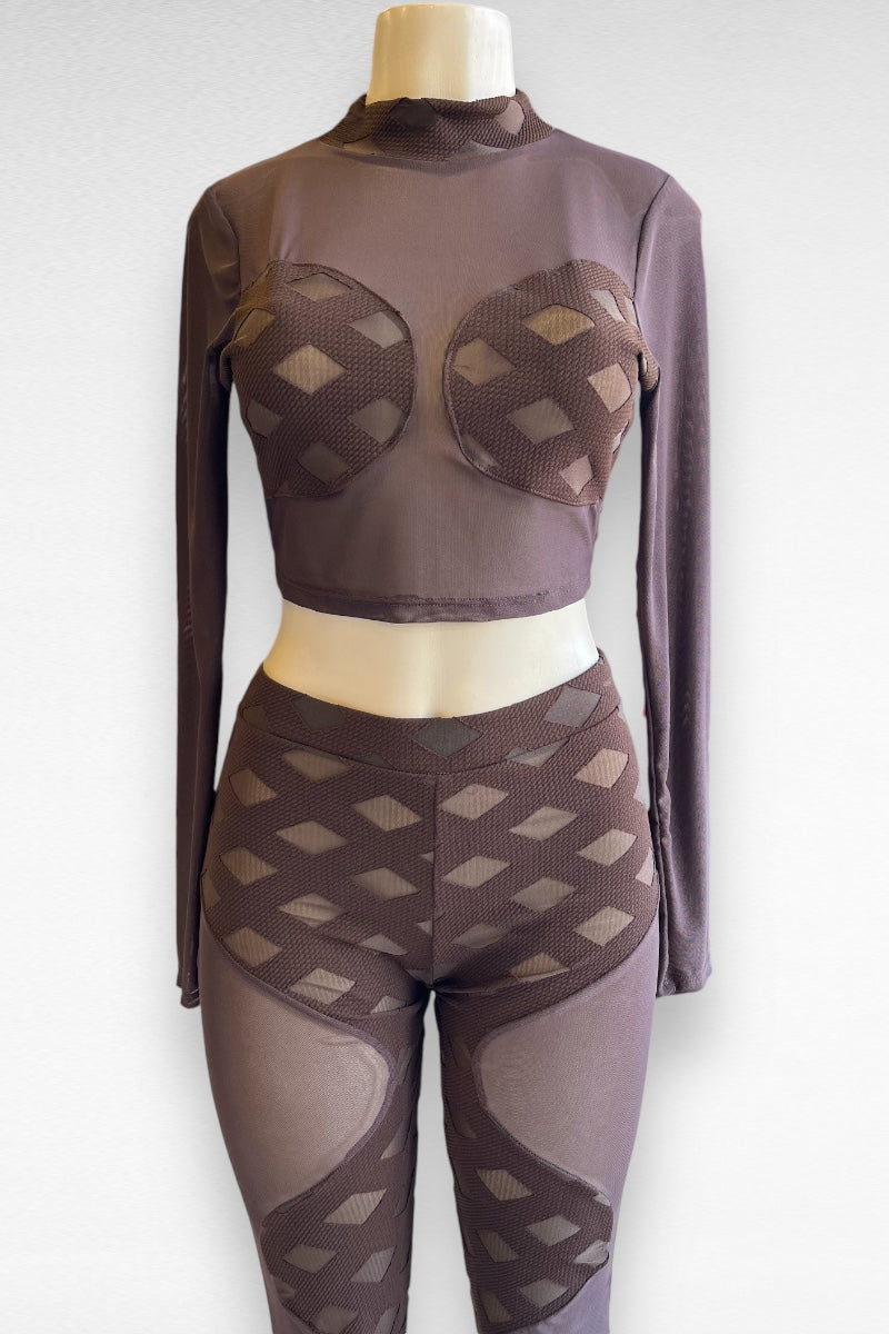 Contour Print and Mesh Top and Bottom Set - Brown 