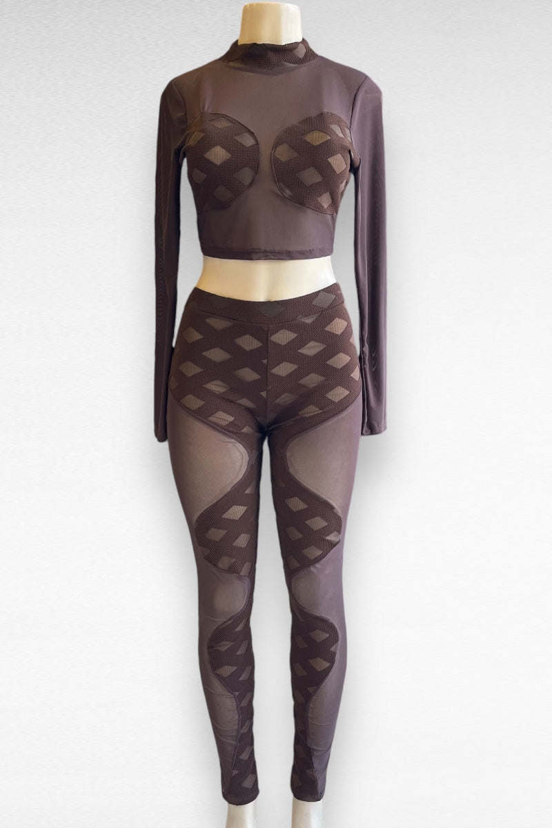 Contour Print and Mesh Top and Bottom Set - Brown 