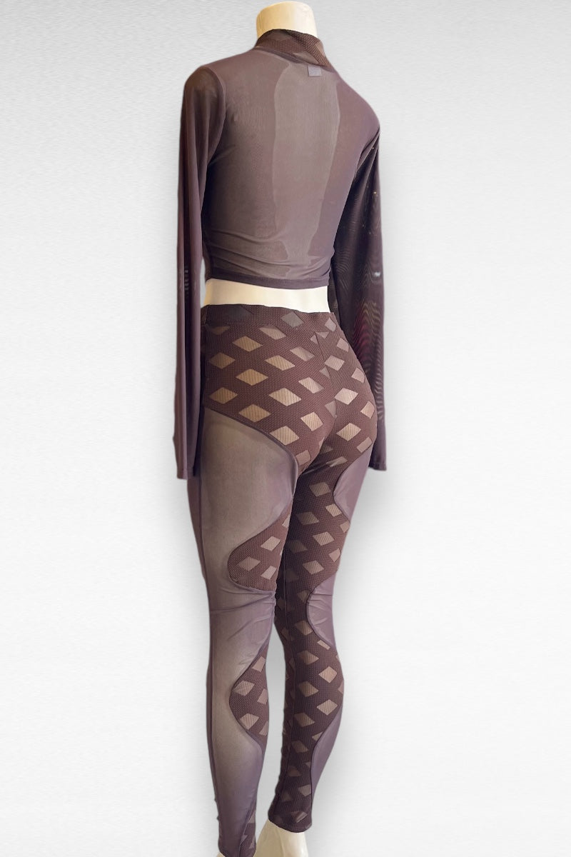 Contour Print and Mesh Top and Bottom Set - Brown 