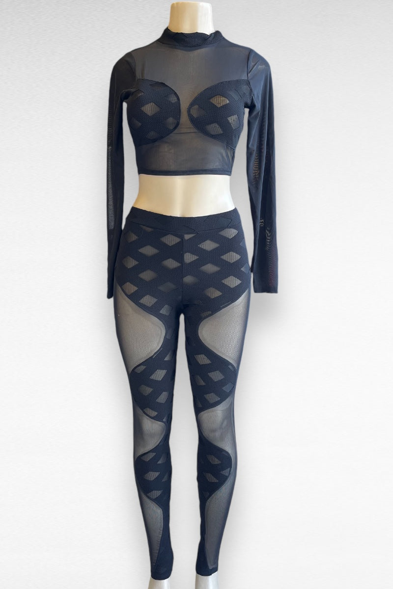 Contour Print and Mesh Top and Bottom Set - Black 