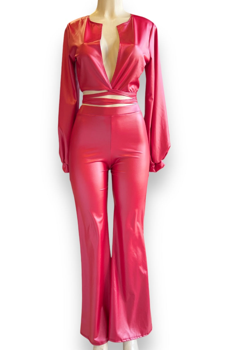 Faux Leather Self Tie Bomber Top and Wide Pants Set - Red