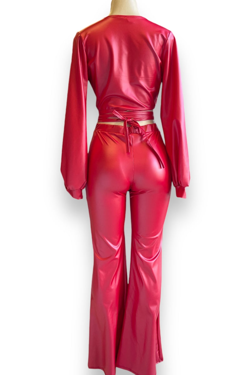 Faux Leather Self Tie Bomber Top and Wide Pants Set - Red