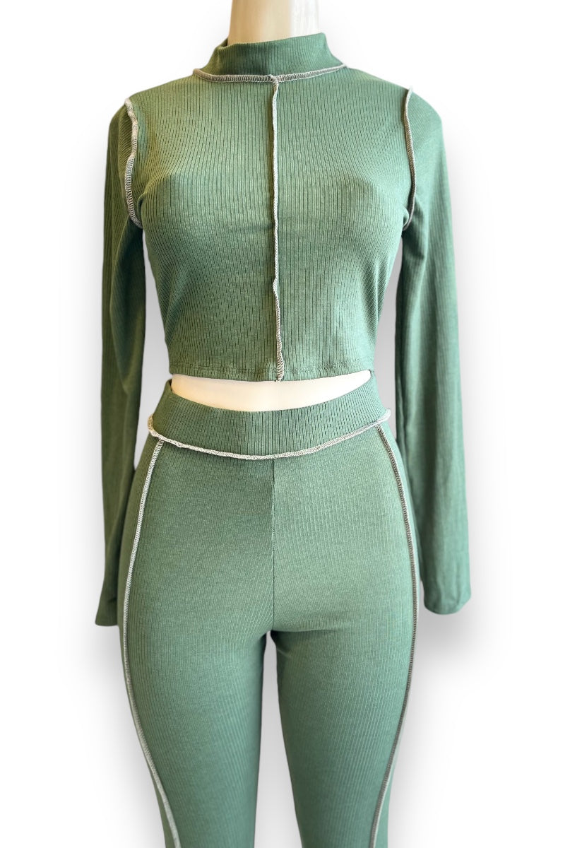 Reversed Seams Long Sleeve Top and Pants Set - Olive