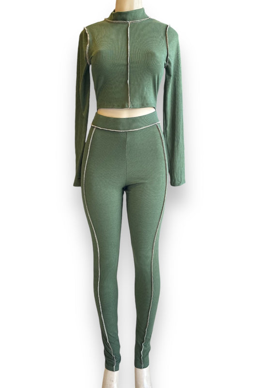 Reversed Seams Long Sleeve Top and Pants Set - Olive