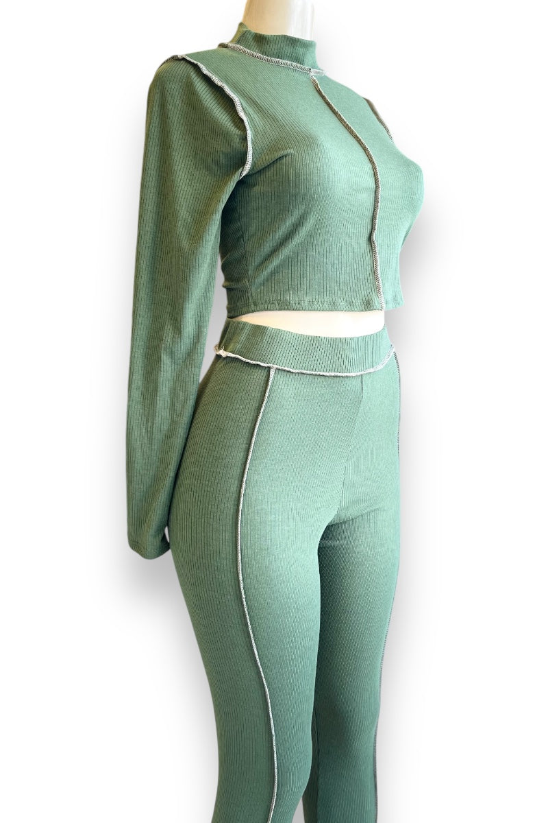 Reversed Seams Long Sleeve Top and Pants Set - Olive