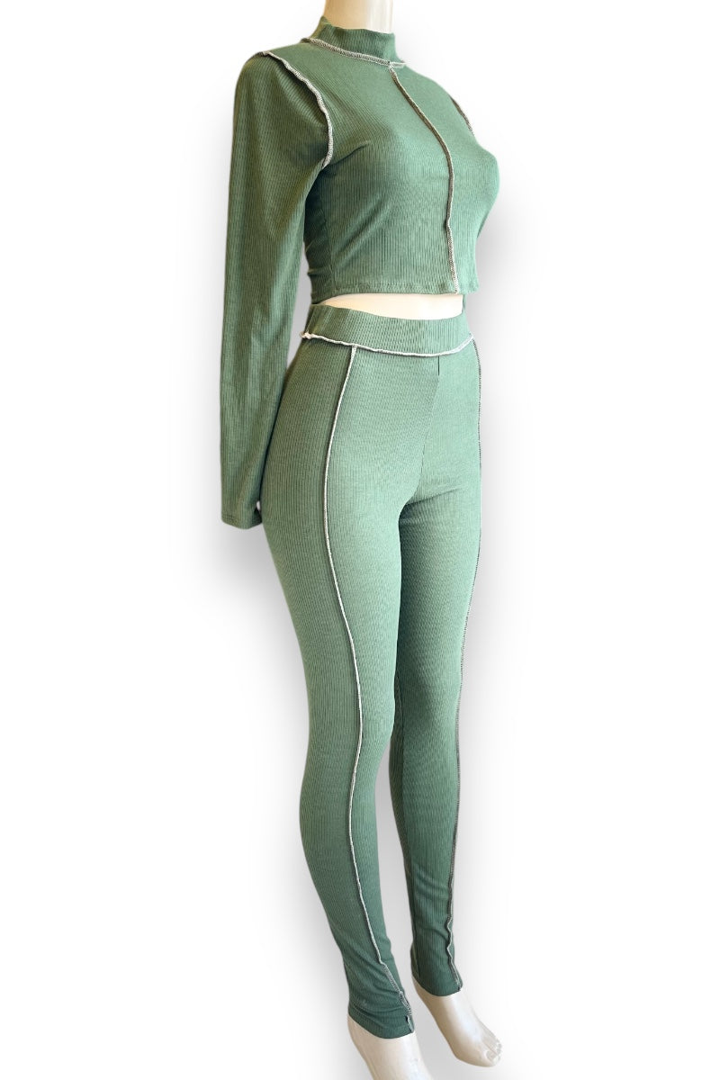 Reversed Seams Long Sleeve Top and Pants Set - Olive