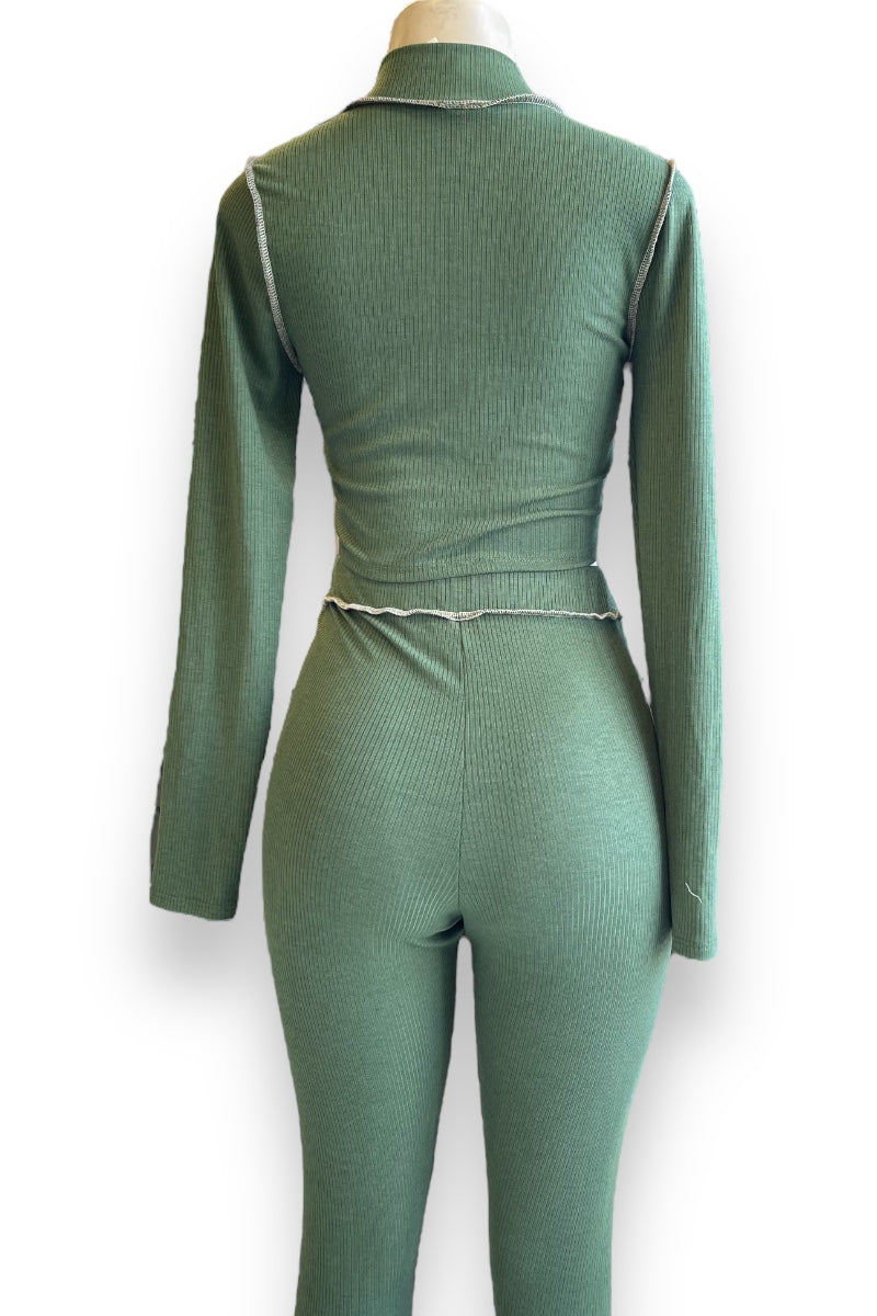 Reversed Seams Long Sleeve Top and Pants Set - Olive