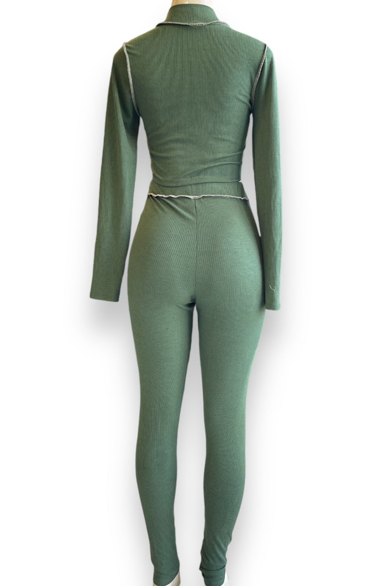 Reversed Seams Long Sleeve Top and Pants Set - Olive