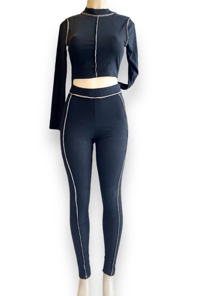 Reversed Seams Long Sleeve Top and Pants Set - Black