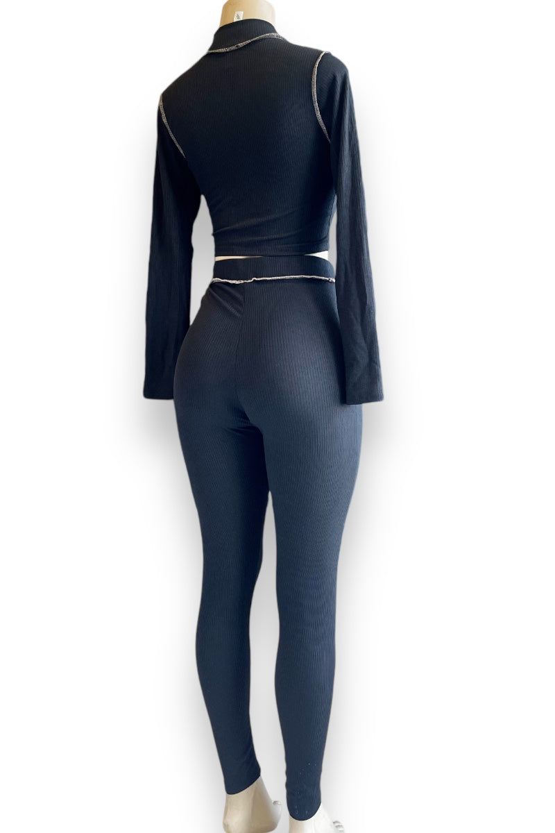 Reversed Seams Long Sleeve Top and Pants Set - Black