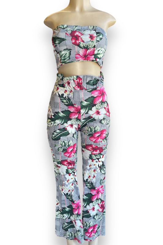 Floral Print Plaid Tube Top with Flared Pants Set