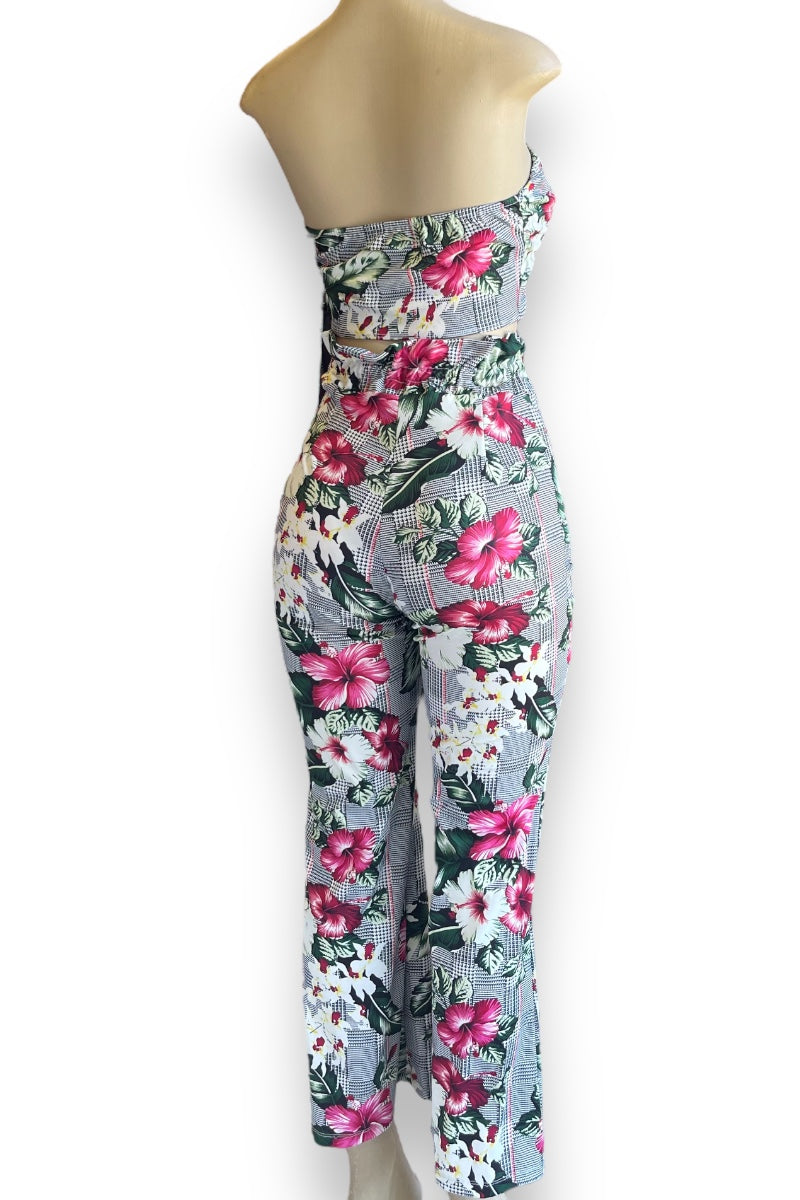 Floral Print Plaid Tube Top with Flared Pants Set