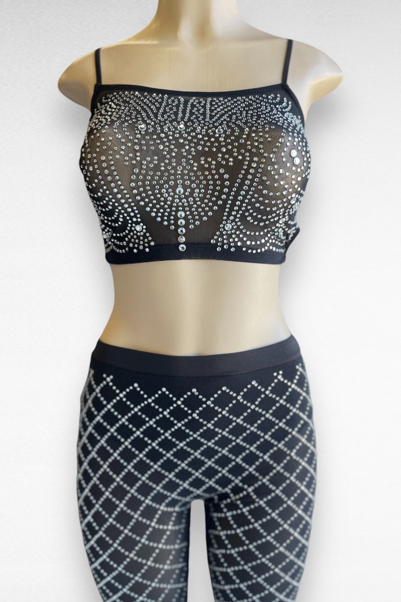 Embedded Rhinestone Strappy Top with Pants Set