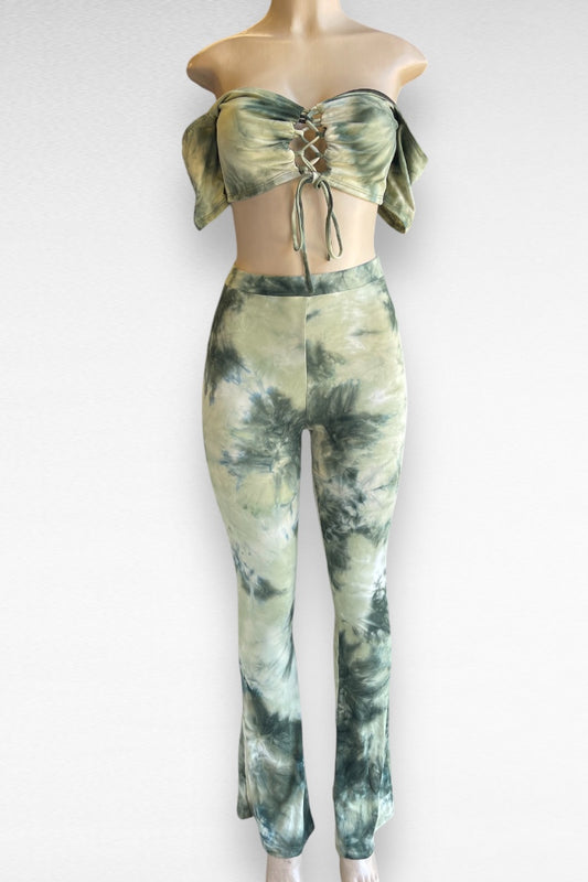 Tye Dye Lace Up Crop Top and Flared Pants Set