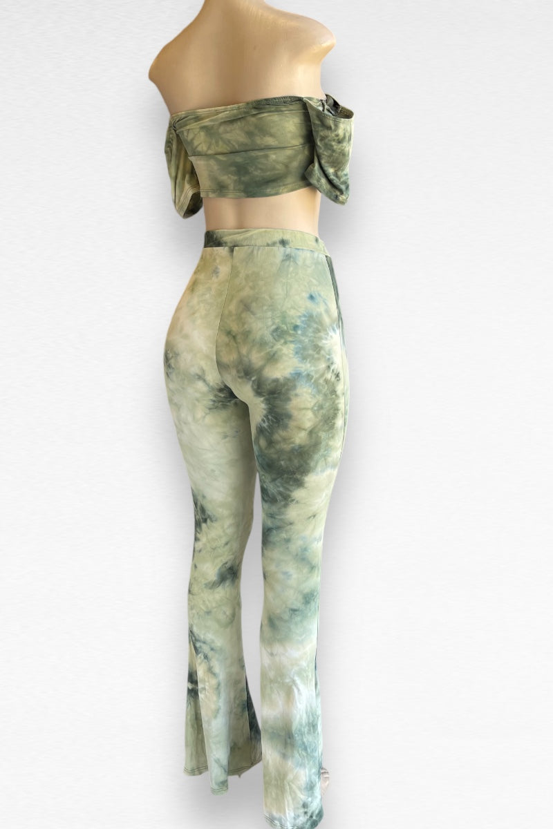 Tye Dye Lace Up Crop Top and Flared Pants Set