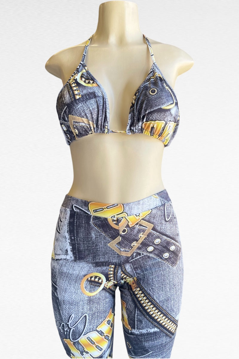 Hot Girl Denim Print Bra Top With Pants Set