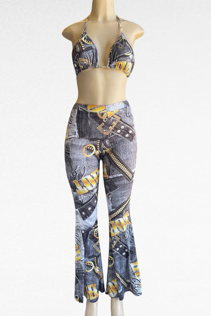Hot Girl Denim Print Bra Top With Pants Set