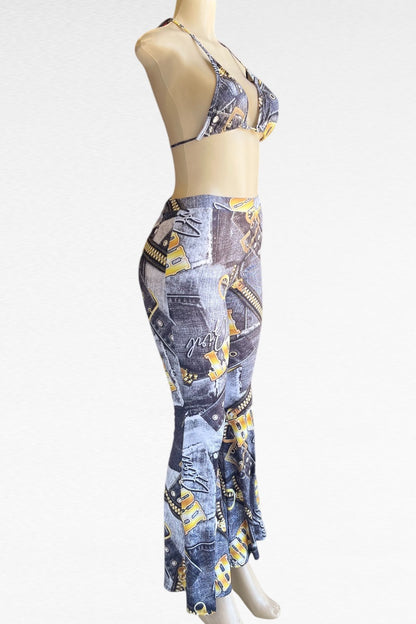 Hot Girl Denim Print Bra Top With Pants Set