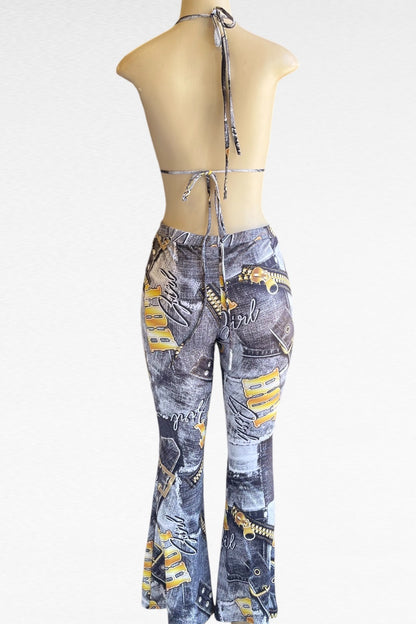 Hot Girl Denim Print Bra Top With Pants Set