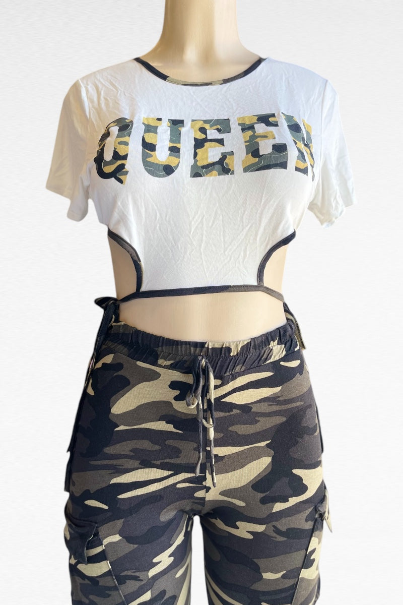 Queen Camo Top and Ruched Pants Set