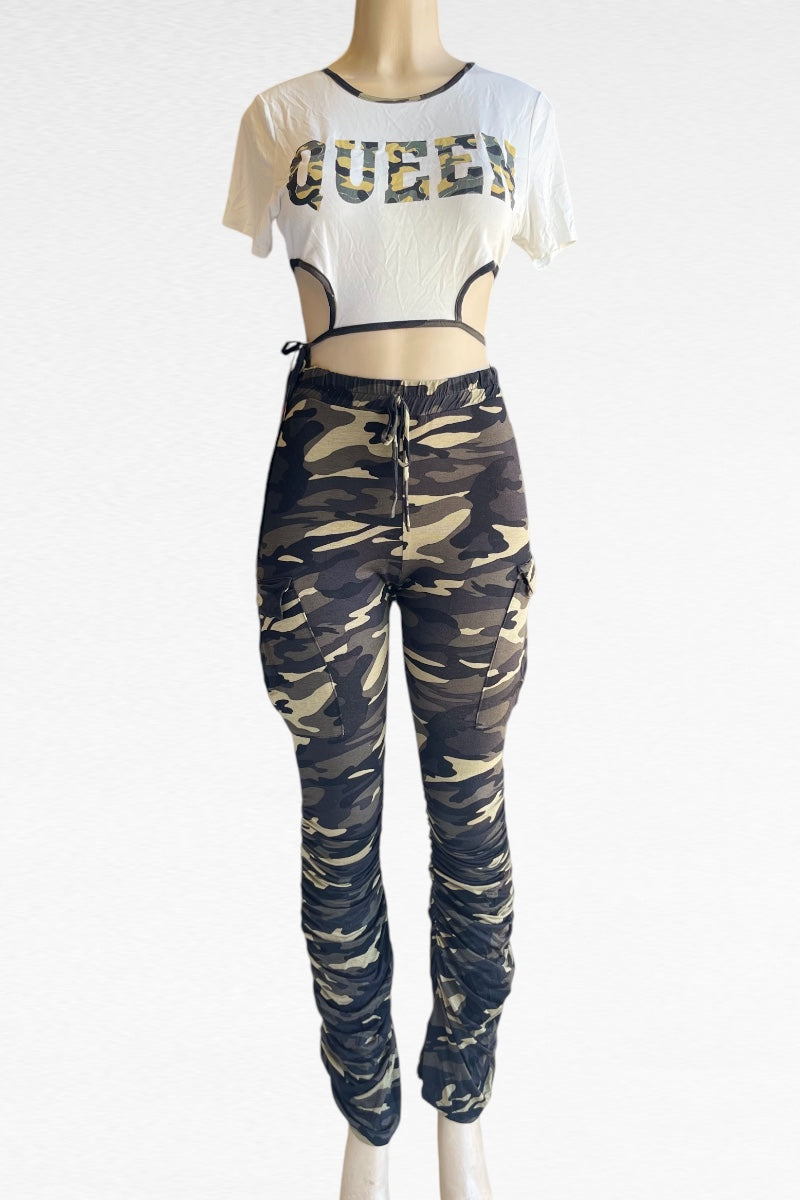 Queen Camo Top and Ruched Pants Set