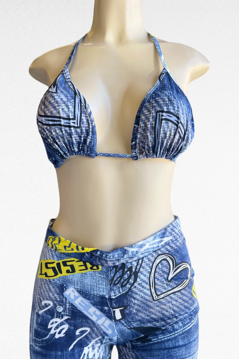 Resist Denim Print Bra Top With Pants Set