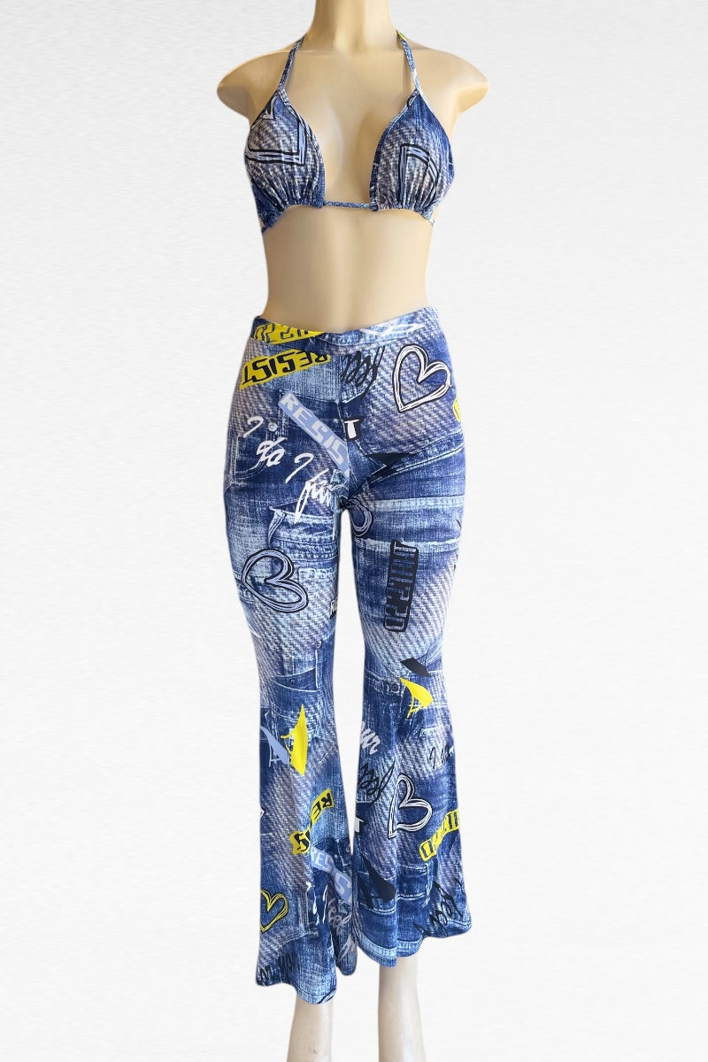 Resist Denim Print Bra Top With Pants Set