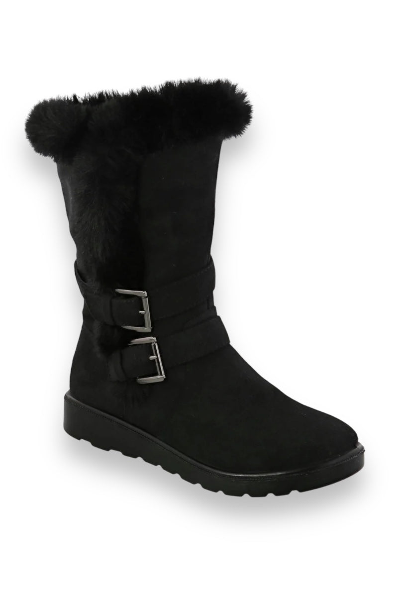 Fur Lined Double Buckled Zipper Boots