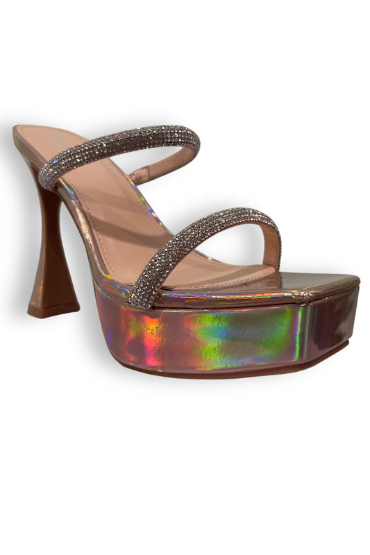 Holographic Double Rhinestone Strap Platform Flared Heels