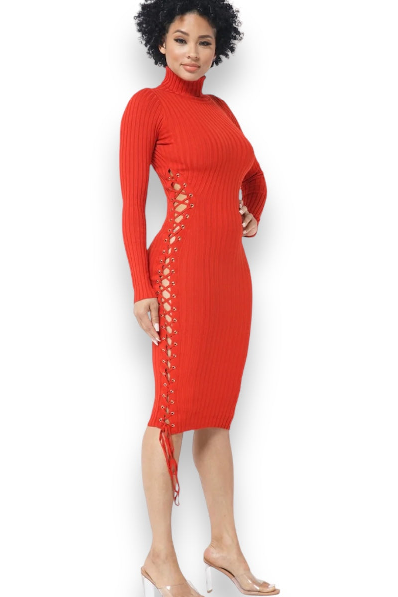 Turtle Neck Side Lace Up Dress