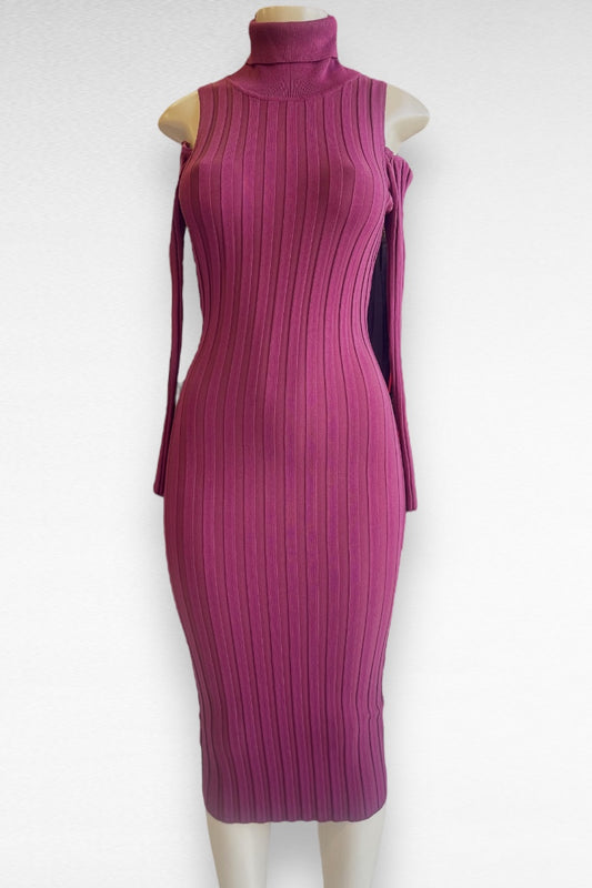 Turtle Neck Cold Shoulder Ribbed Long Sleeve Dress