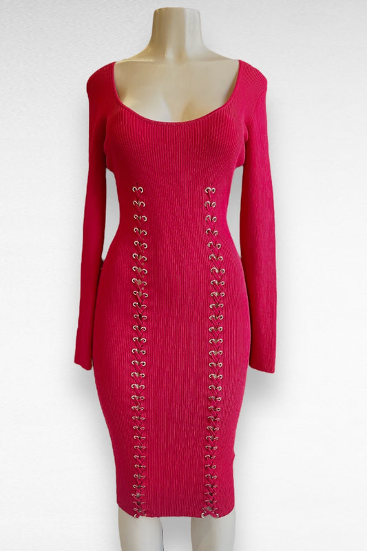 Double Lace Up Long Sleeve Ribbed Dress