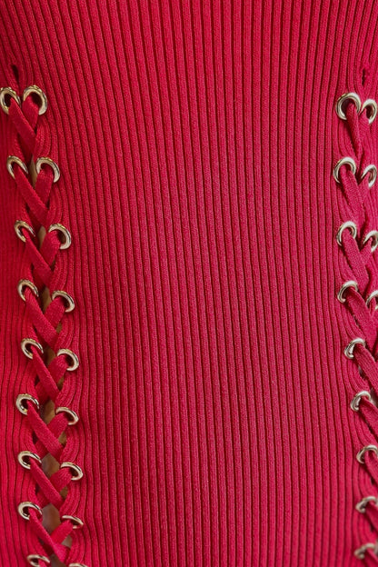 Double Lace Up Long Sleeve Ribbed Dress