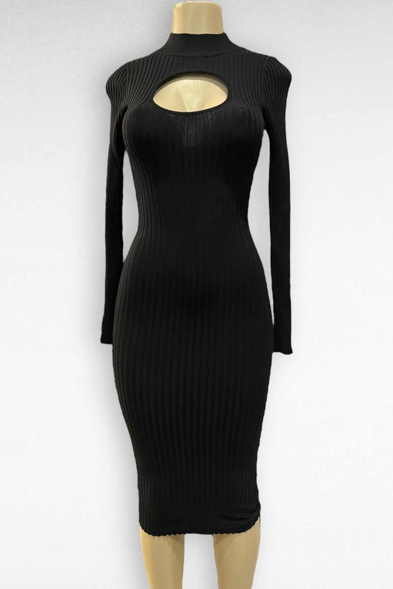 Front Peep Mock Neck Long Sleeve Midi Dress