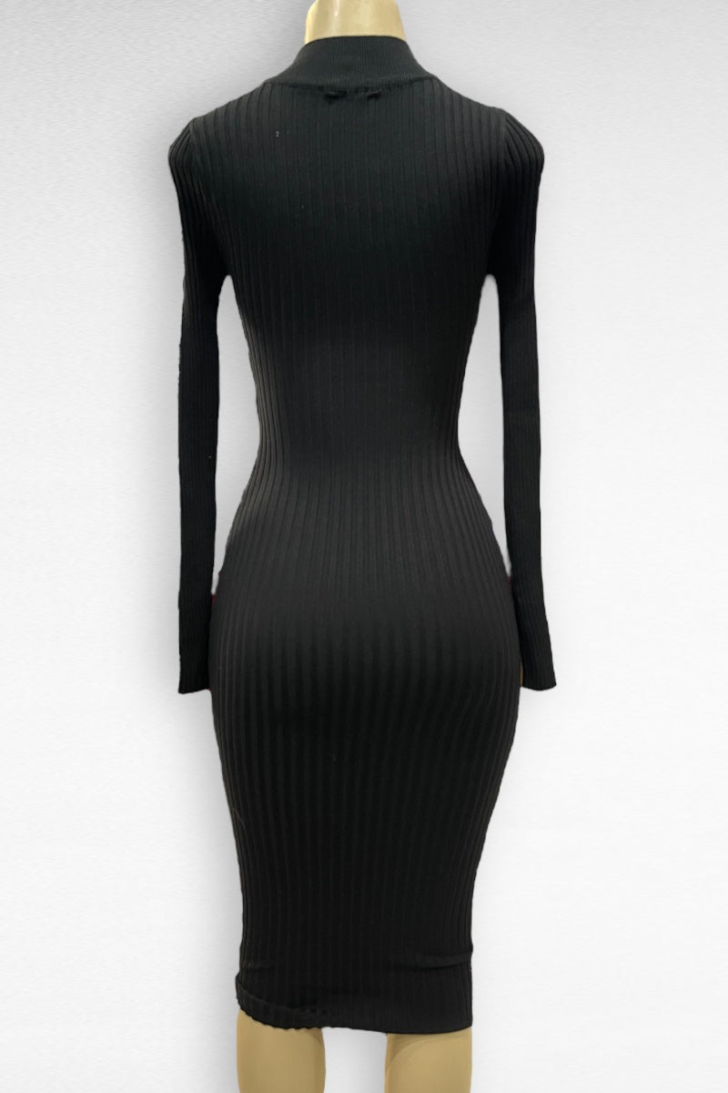 Front Peep Mock Neck Long Sleeve Midi Dress