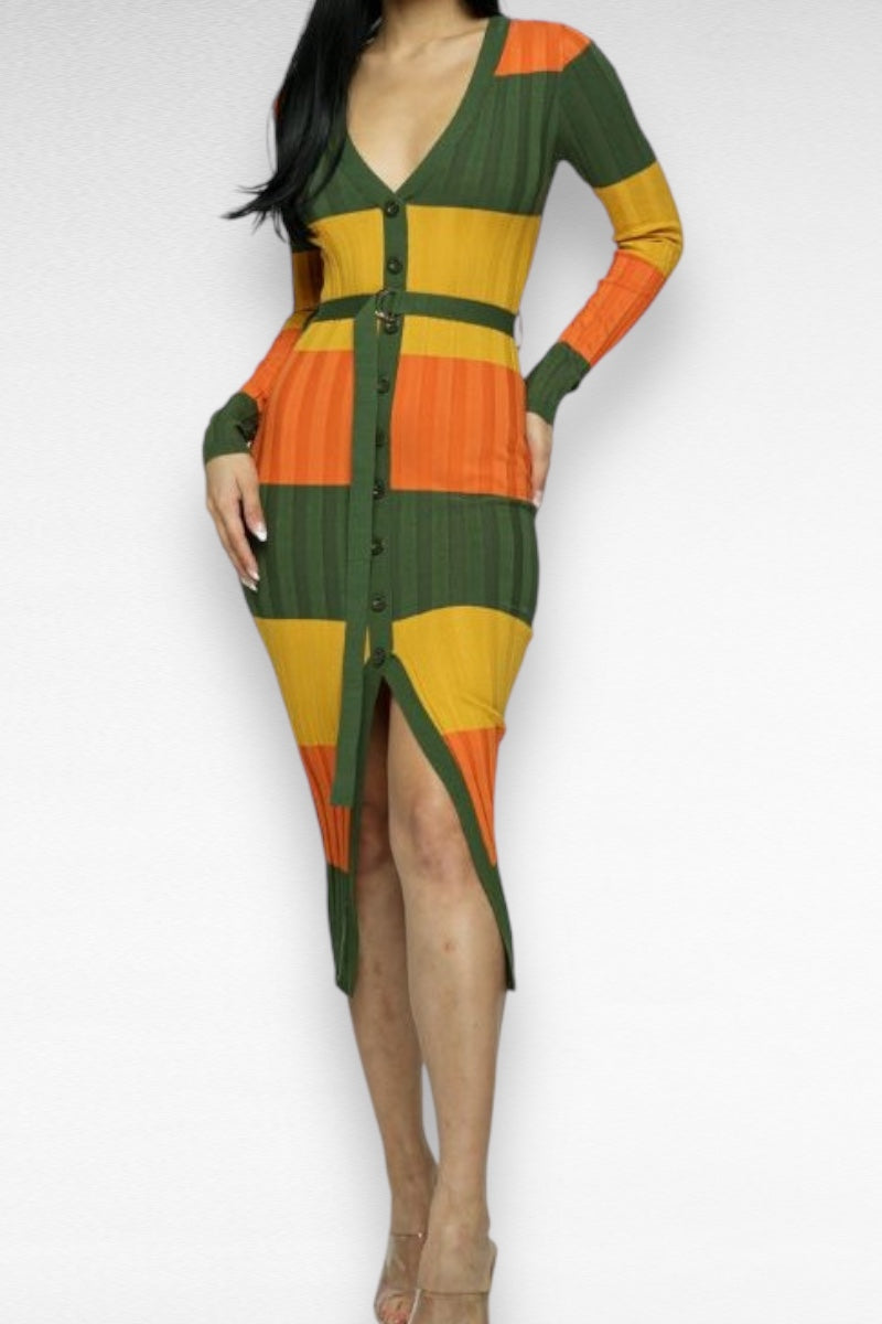 Color Block Buttoned Belted Slit Open Dress